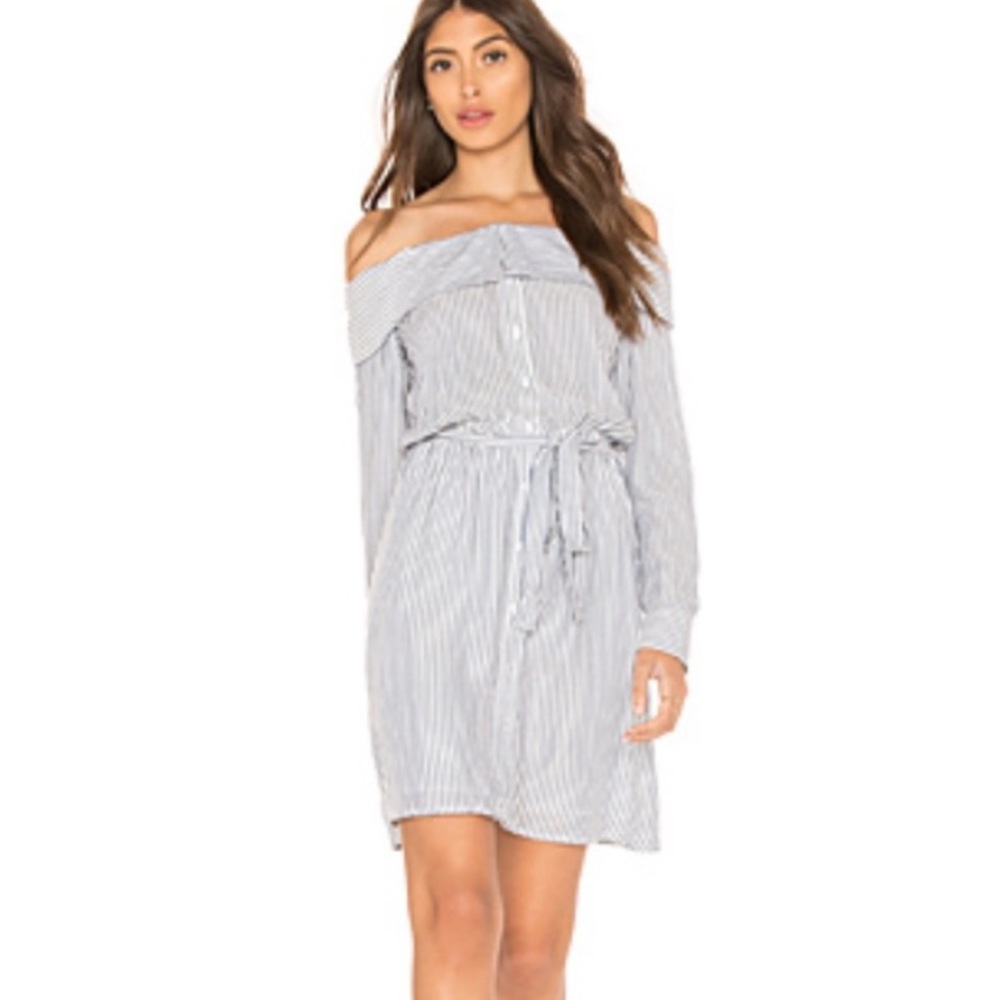 Bardot Off the Shoulder Pinstripe Belted Dress